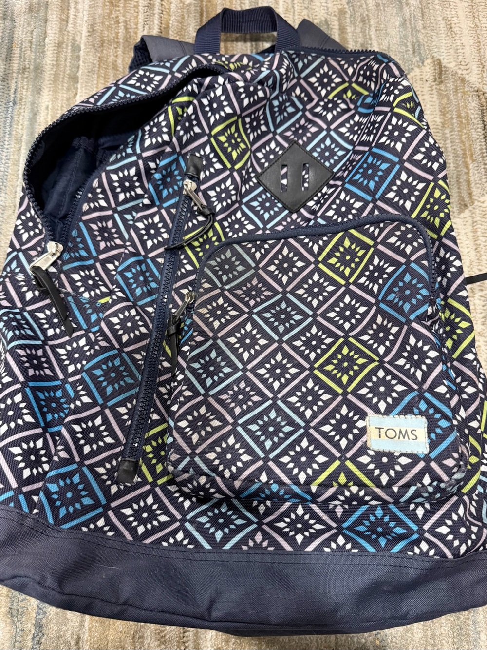 TOMS Navy Backpack with Blue and Lime Geometric Print
